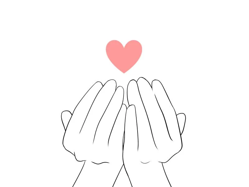 両手の上にピンク色のハートが描かれた感謝のイラスト